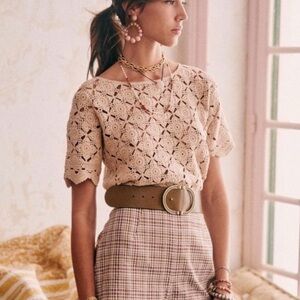 Sezane Dorine Cropped Cotton Knit Top in Latte